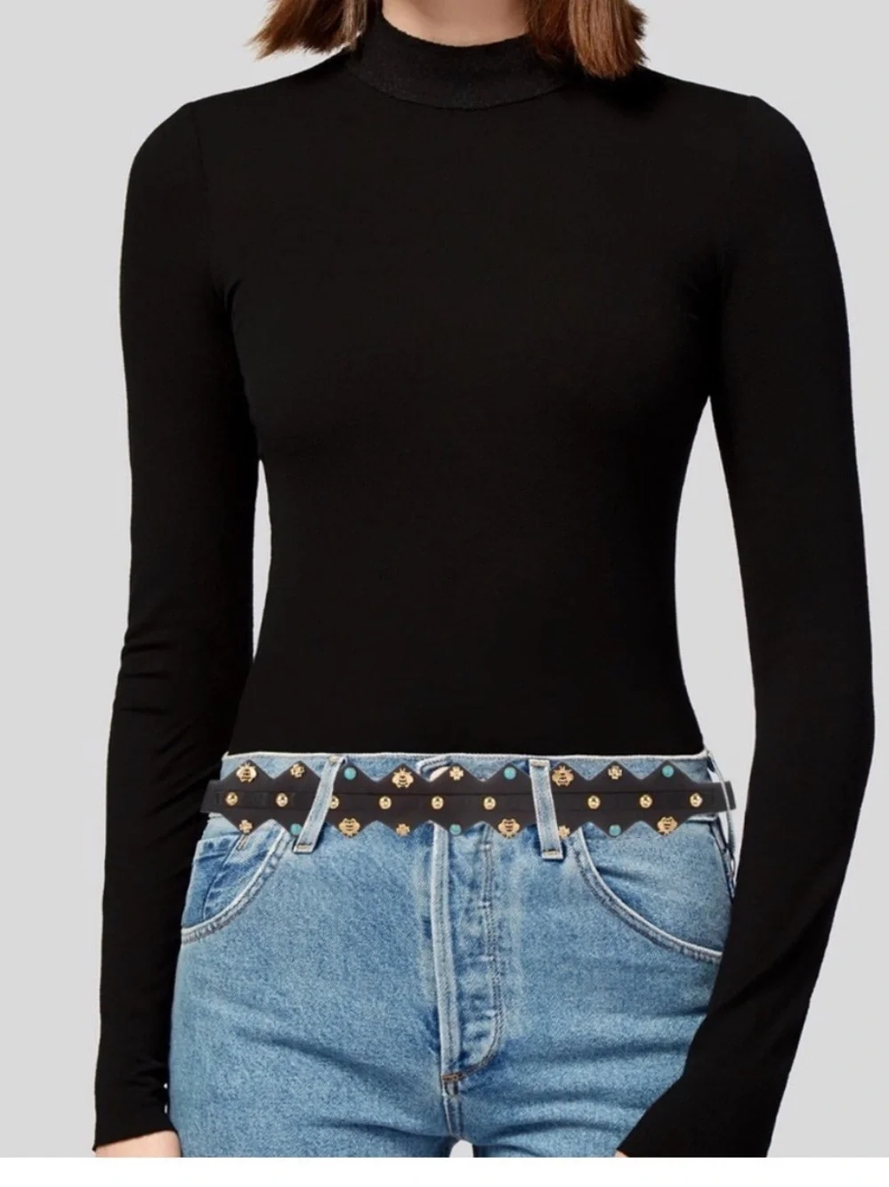 Italian Leather Black Leather Studded Wrap Belt with Turquoise Accents